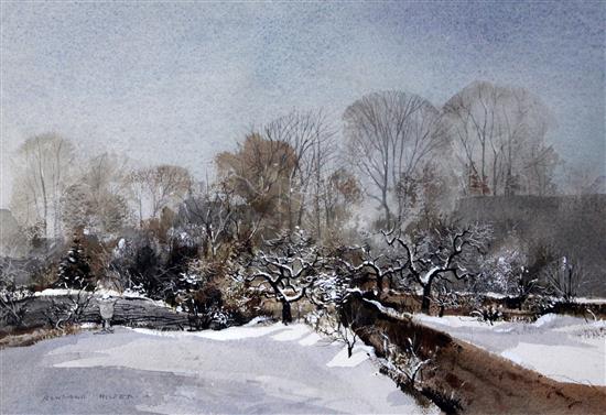 § Rowland Hilder (1905-1993) A garden in winter, 13.5 x 20in.